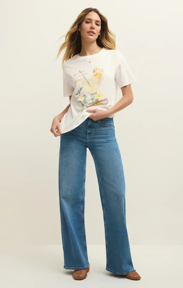White short-sleeved spritz boyfriend tee shirt with colorful floral and bird graphic print on front