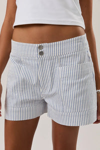 White mid rise stripe shorts with thin navy vertical stripes button closure and rolled cuffs for casual wear