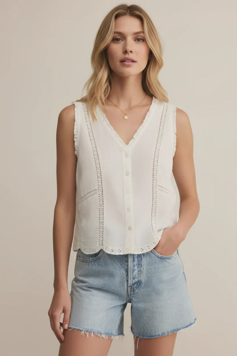 Tomi button sleeveless tank with eyelet embroidery, women’s boho chic