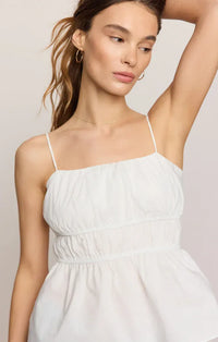 White sleeveless adele back tie top with thin spaghetti straps and gathered waistline in womens boho clothes