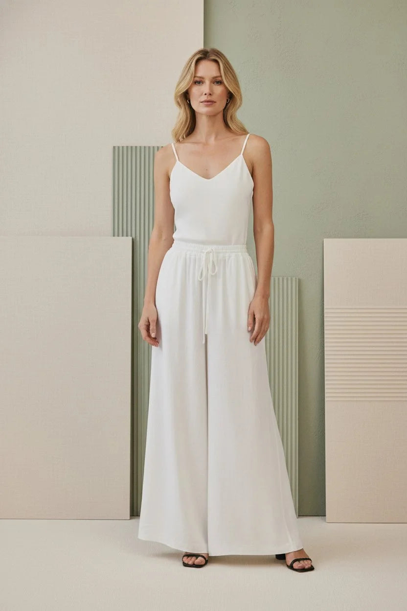 White drawstring waist wide leg sleeveless jumpsuit back view