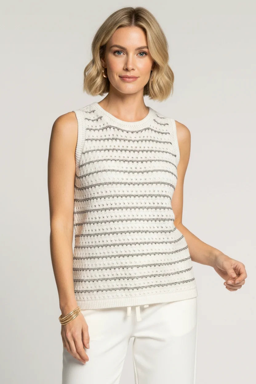 Crochet knit textured relaxed fit sleeveless tank with black embroidery