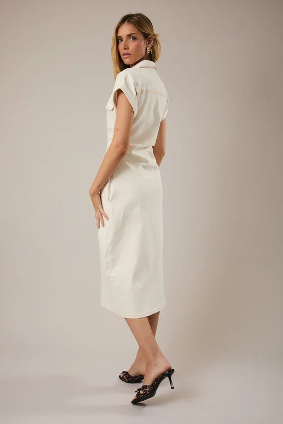 White wide shoulder button utility midi dress, sleeveless with collar and belt