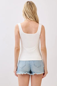 White double layer square neck basic tank top with sleeveless design and smooth form-fitting fabric