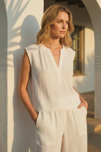 Cliffside airy v neck blouse: white sleeveless textured cotton top