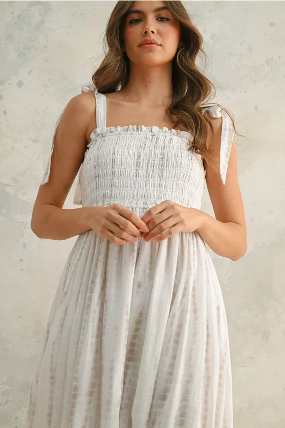 White smocked womens maxi dress with tie-sleeves in tie dye print