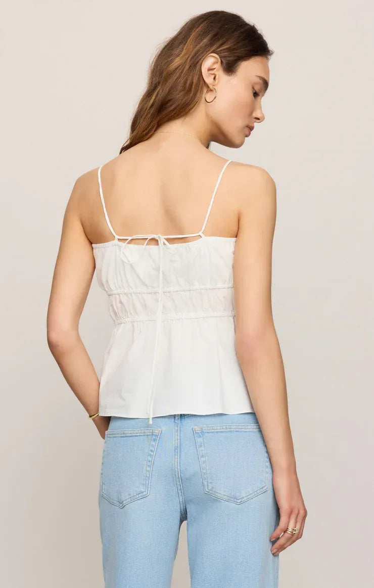 White spaghetti strap adele back tie top with gathered waist details for women’s boho chic clothing by shop daisy