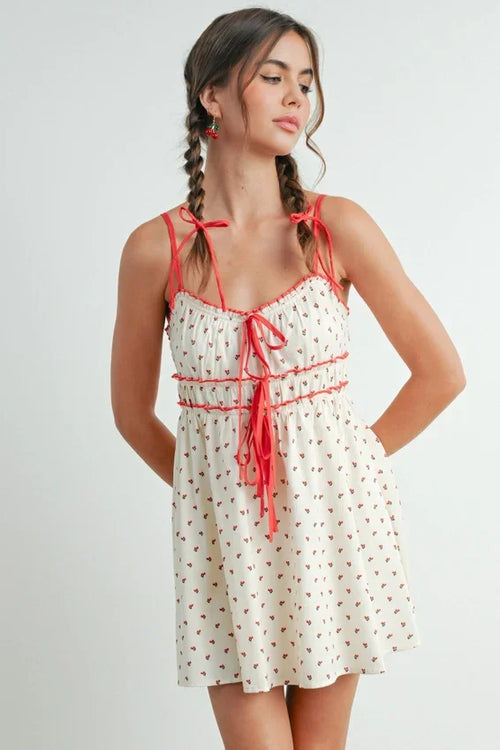 Printed tie mini dress with cherry print, women’s boho chic clothing