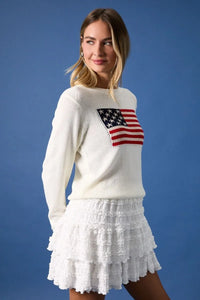 White round neck sweater top with embroidered american flag print on chest for casual wear