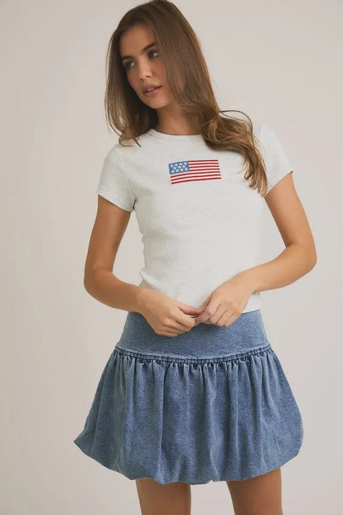 White american flag short sleeve tee with red white and blue flag patch on the chest