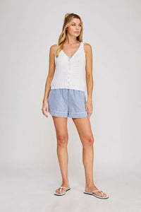 White textured button up tank top with v neck and sleeveless design from shop daisy women’s boho chic clothing