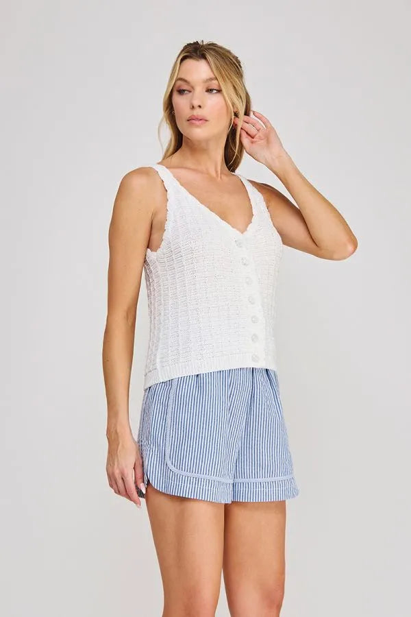 White textured knit sleeveless top with button front featuring textured button detail from shop daisy women’s boho chic clothing
