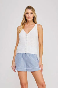 White textured knit sleeveless textured button up tank top for women’s boho chic clothing shop daisy