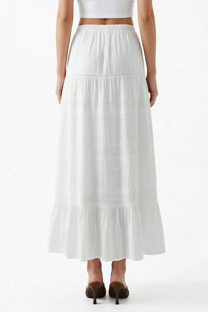 White boho breeze tiered maxi skirt with delicate eyelet embroidery and soft flowing fabric maxi skirt