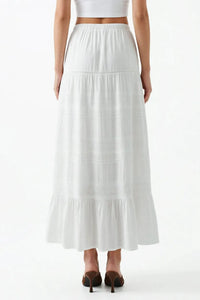 White boho breeze tiered maxi skirt with delicate eyelet embroidery and soft flowing fabric maxi skirt