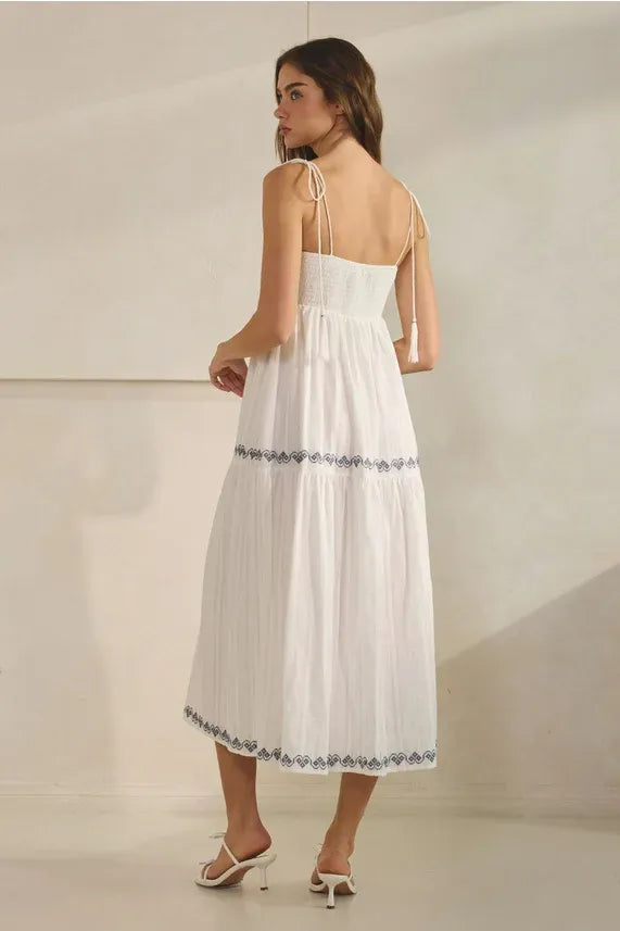 Embroidered tassel maxi dress with white tiers and black trim