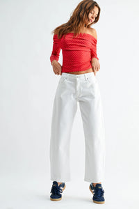 White wide-leg denim jeans featuring med rise stretch twill fabric for comfortable all-day wear