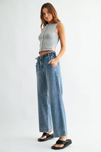Wide leg denim pants with drawstring waist in light blue wash