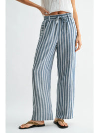 Striped wide leg drawstring pants in soft blue and white vertical stripes with elastic waistband and drawstring tie