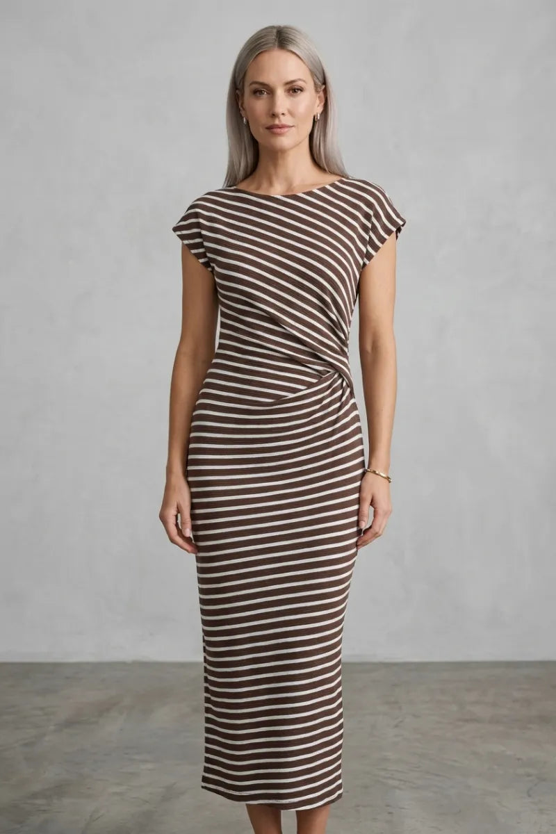 A fitted knee-length brown and white striped midi dress with wide round neck cap sleeves and draped front detail