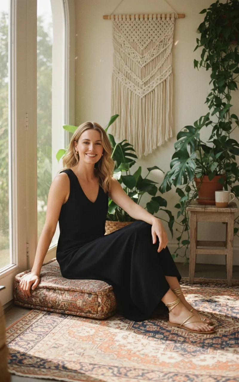 Woman in black casual v-neck midi dress on ornate cushion