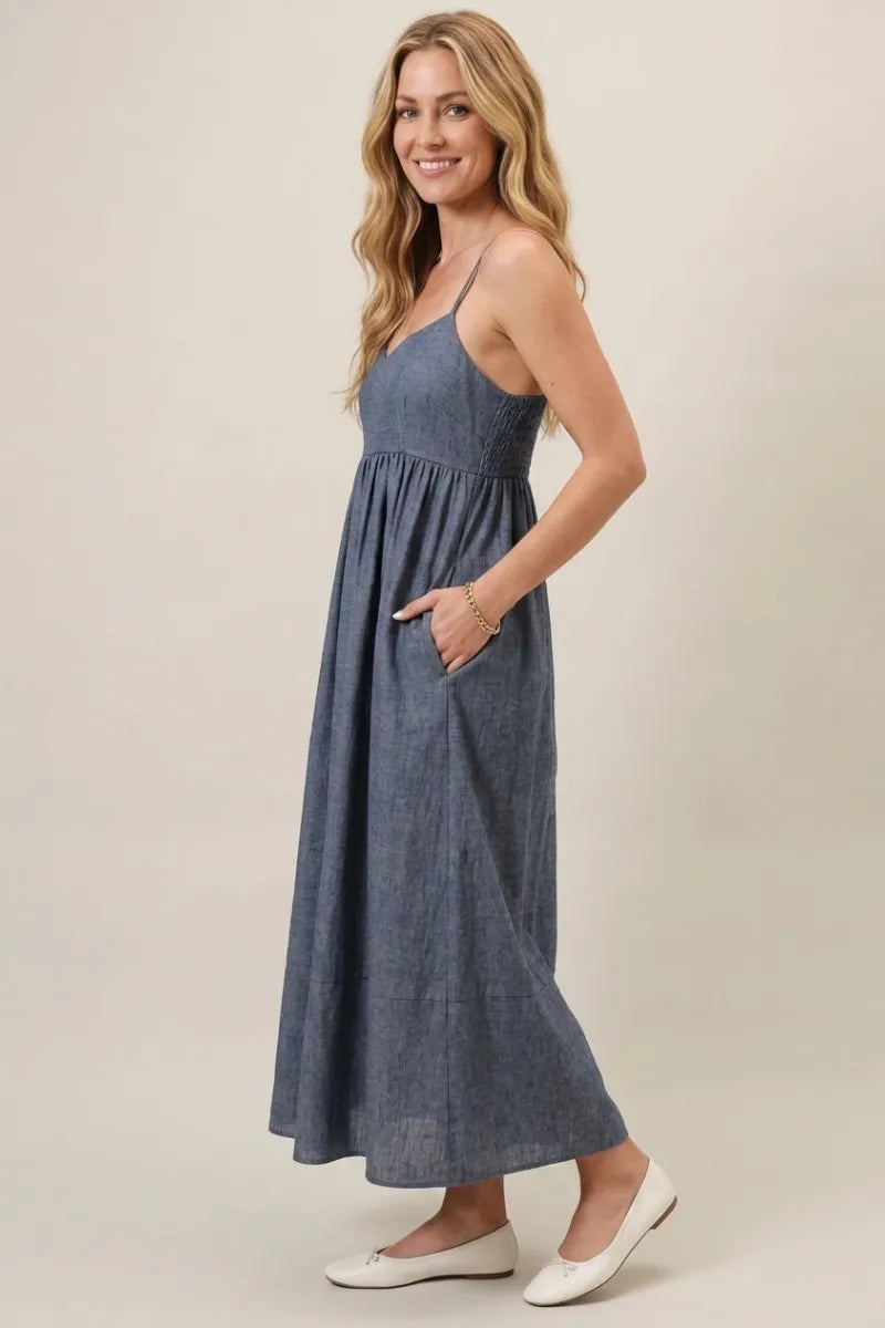 Sweetheart Neck Spaghetti Strap Midi Denim Blue Dress NAVY / MEDIUM
