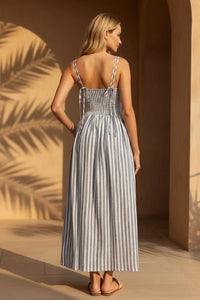 Nadine striped maxi dress with blue white vertical stripes thin straps