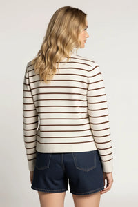 Woman in Thread And Supply classic striped cardigan jacket, cream brown stripes