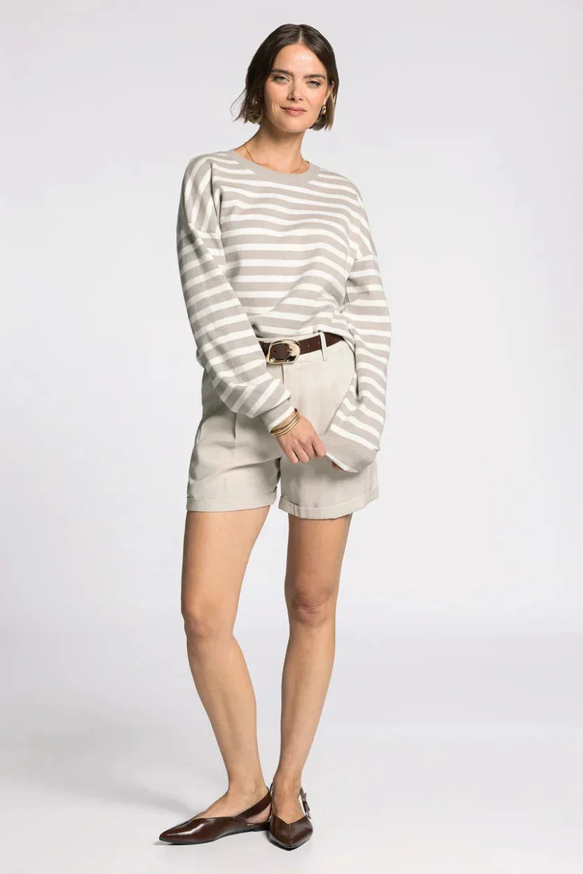 Woman in Thread & Supply Preston sweater, gray white striped relaxed fit
