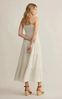 Isla sleeveless smocked maxi dress in beige striped tiers