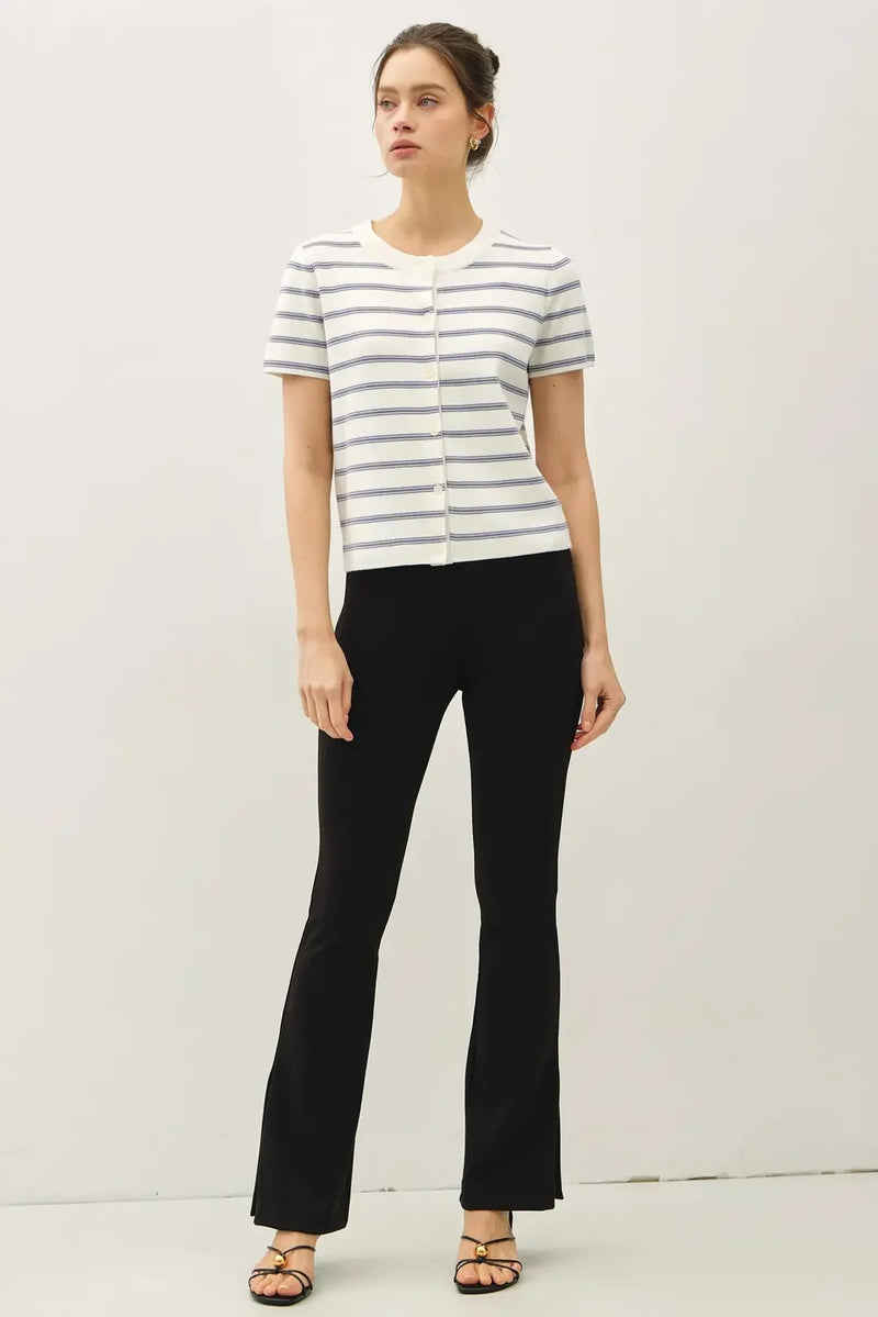 Striped short sleeve cardigan in white and navy blue stripes