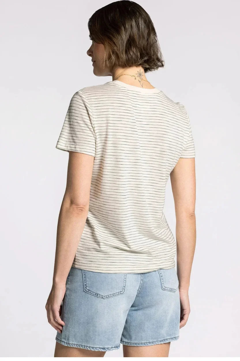 Woman wearing Thread & Supply Sarah Tee, off-white striped short-sleeve t-shirt