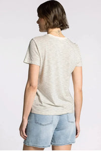 Woman wearing Thread & Supply Sarah Tee, off-white striped short-sleeve t-shirt