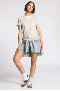 Woman in Thread & Supply Sarah Tee: white gray striped t-shirt with denim jacket