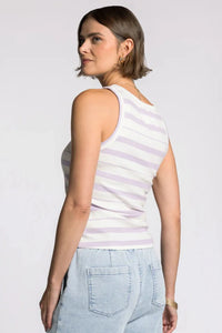 Edlin Basic Tank: woman in sleeveless white and lavender striped tank