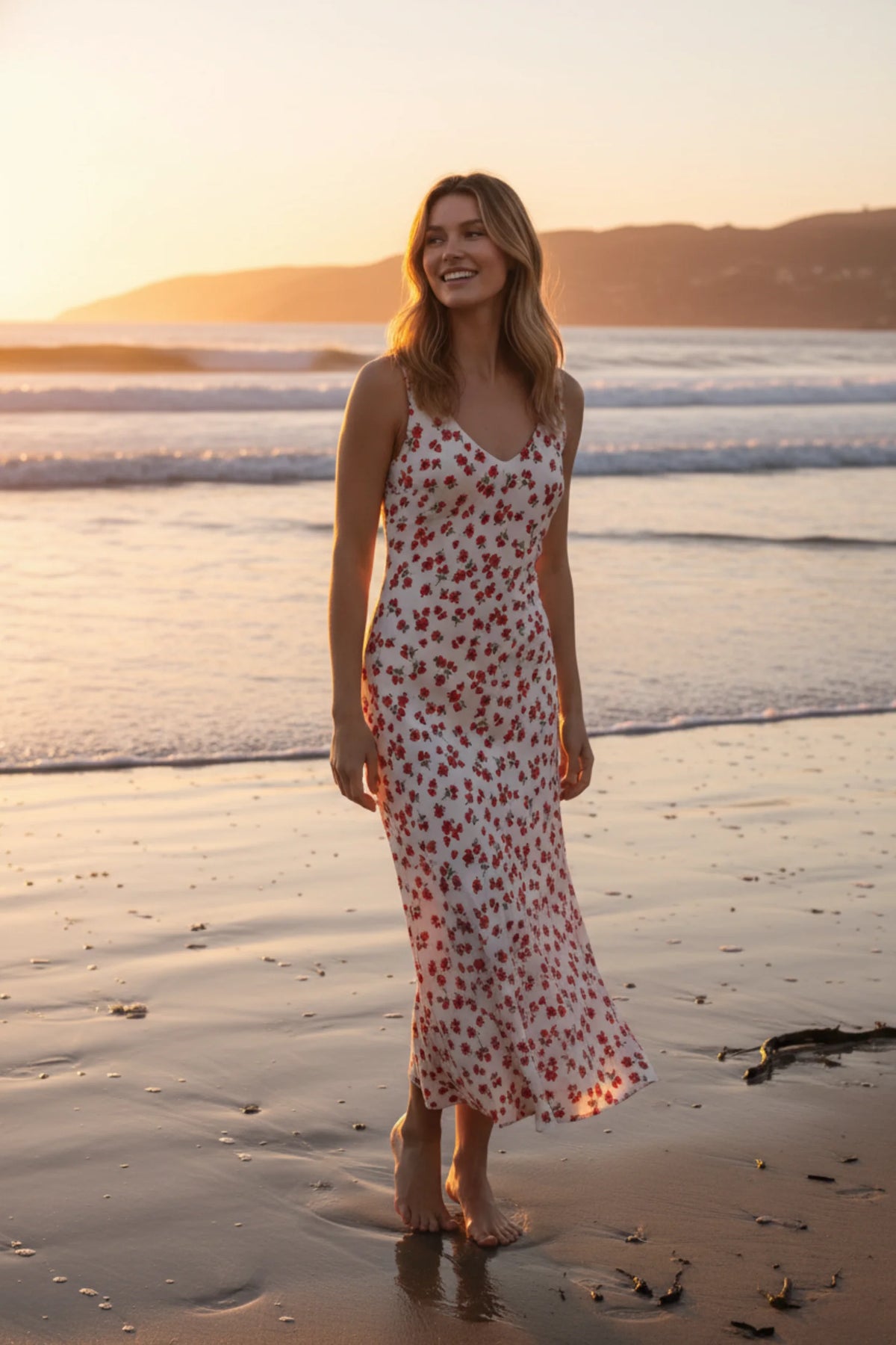 Woman in V neck floral midi dress with red patterns