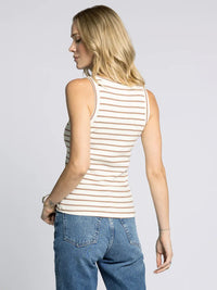 Women’s cream and brown striped edlin basic tank top displayed for casual wear