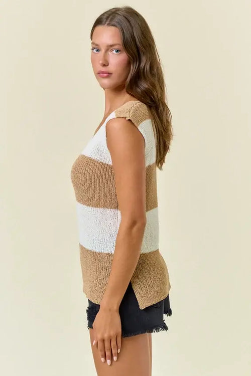 Women’s sleeveless knitted scoop neck top with beige off-white slit striped textured fabric in boho chic style