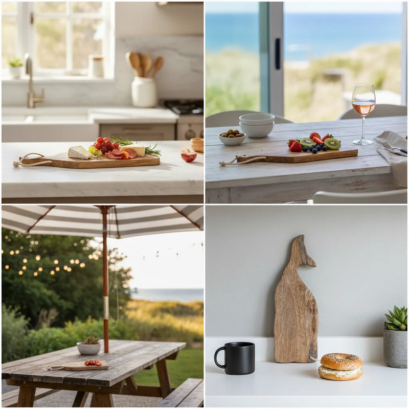 Whale cheese cutting board in mango wood with bird-shaped rope handle