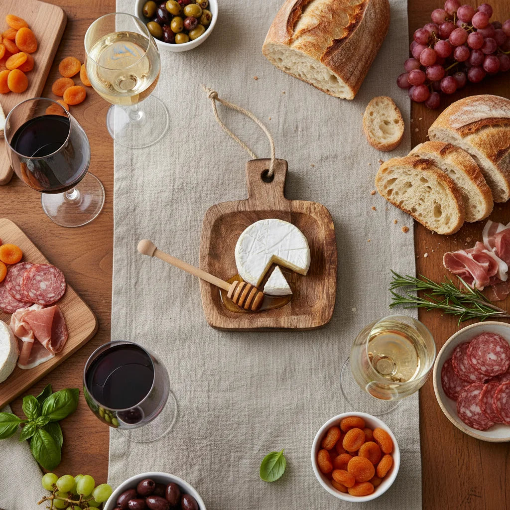 Hand-carved mango wood serving board with cheese wheel and honey dipper