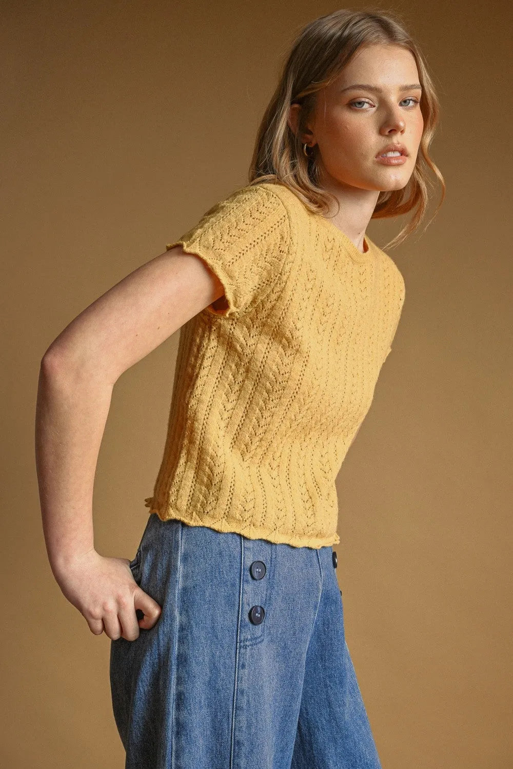 Yellow pointelle short sleeve knitted top with textured cable knit pattern and slightly frayed hem