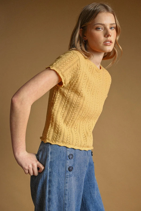 Yellow pointelle short sleeve knitted top with textured cable knit pattern and slightly frayed hem