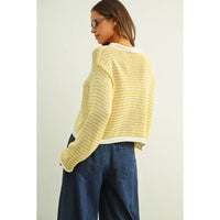 Yellow and white striped knit cardigan with ribbed hem and cuffs featuring a stripe button front for women’s boho chic clothing