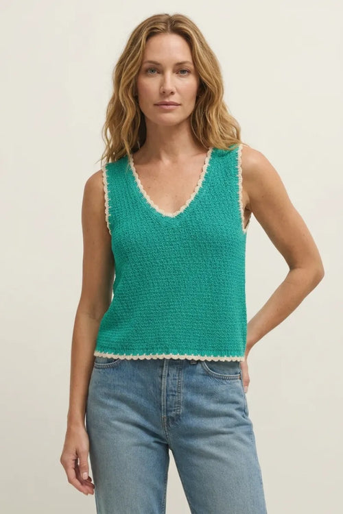 Teal crocheted sleeveless yessenia whipstitch tank top with cream scalloped trim and whipstitch detailing