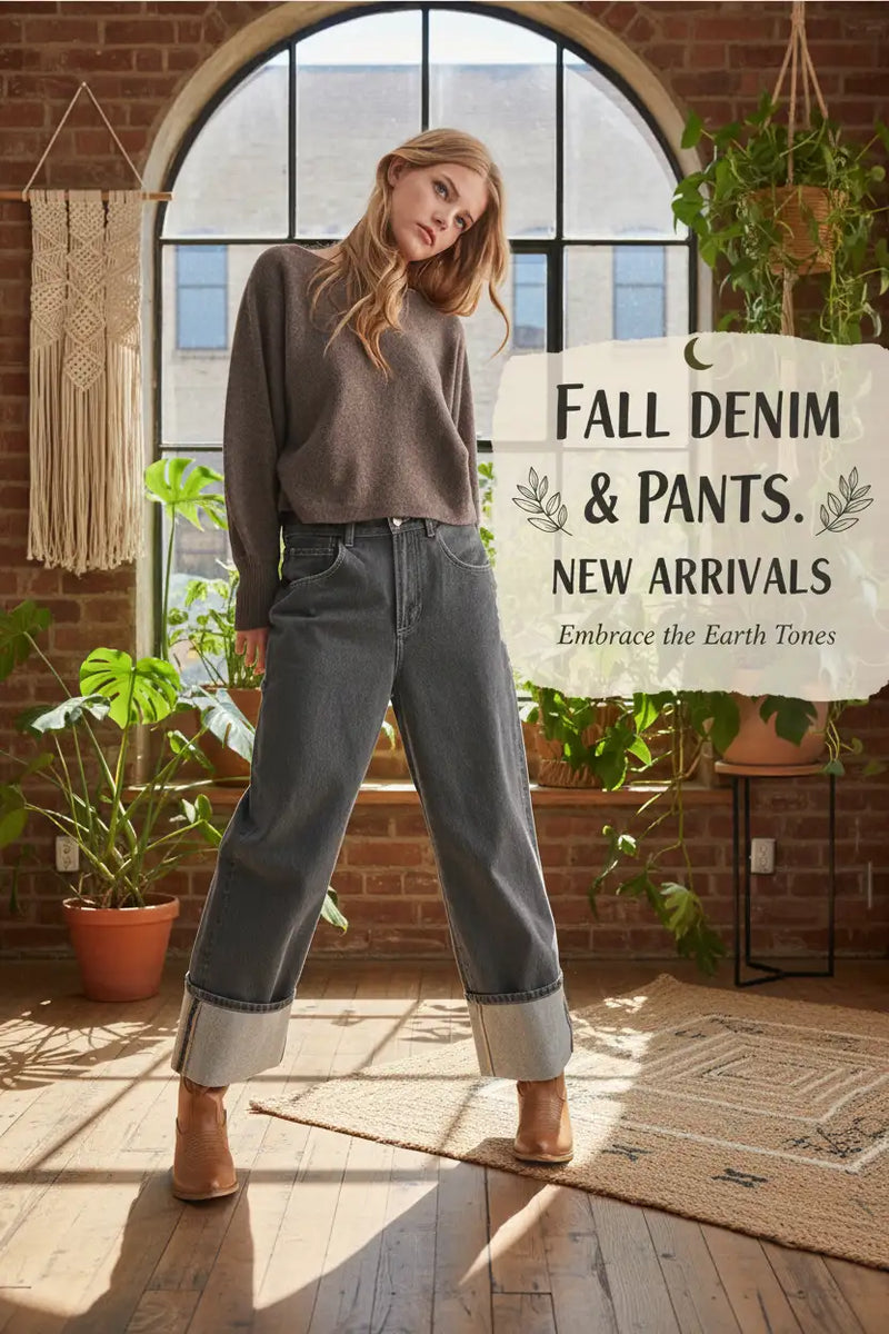 Boyfriend jeans with rolled cuffs and earthy tones.