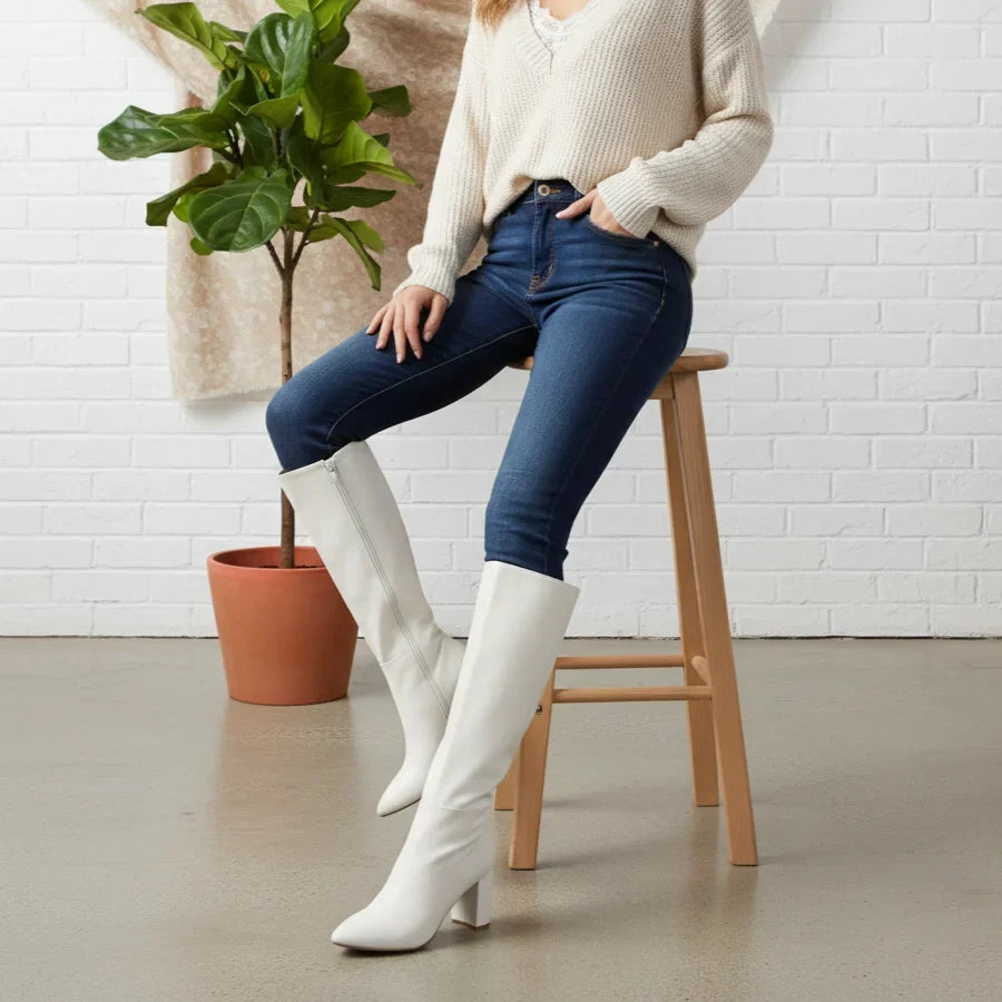 BRAZIL WHITE POINTED TOE KNEE HIGH BLOCK HEEL BOOTS