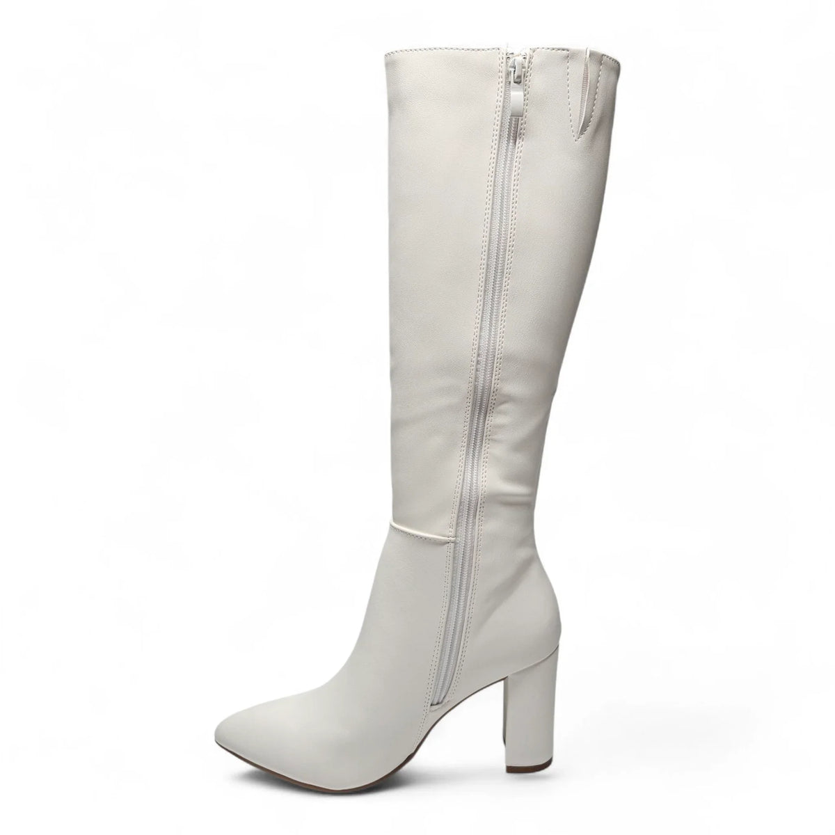 BRAZIL WHITE POINTED TOE KNEE HIGH BLOCK HEEL BOOTS