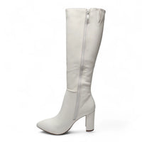 BRAZIL WHITE POINTED TOE KNEE HIGH BLOCK HEEL BOOTS