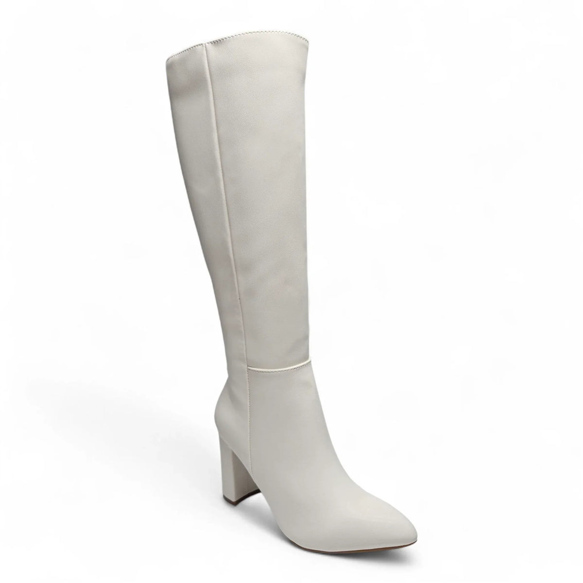 BRAZIL WHITE POINTED TOE KNEE HIGH BLOCK HEEL BOOTS