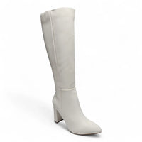 BRAZIL WHITE POINTED TOE KNEE HIGH BLOCK HEEL BOOTS